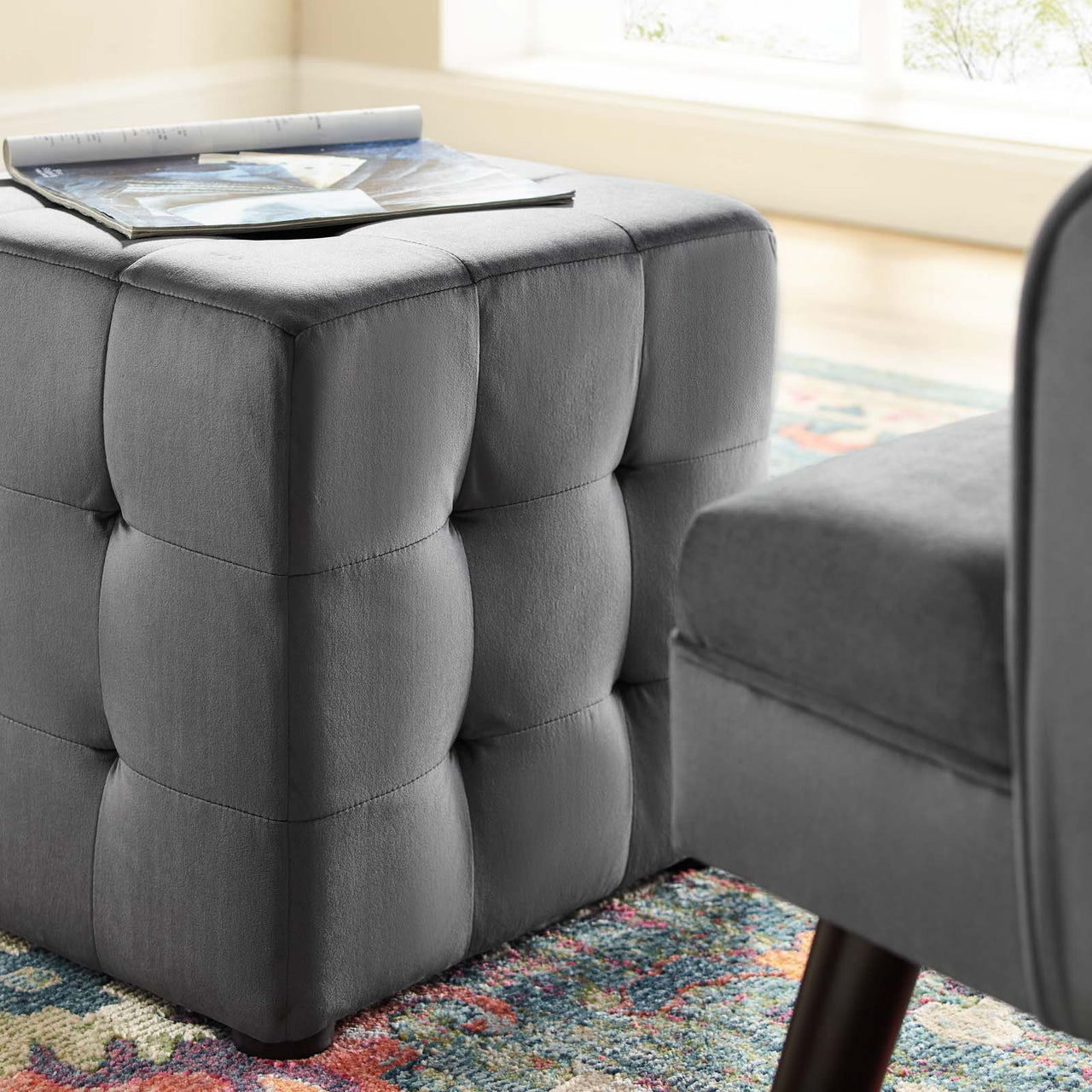 Vellan Cubed Upholstered Velvet Ottoman, Gray