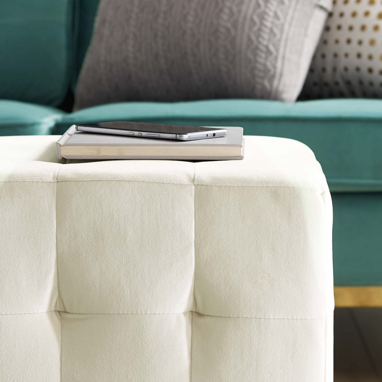 Vellan Cubed Upholstered Velvet Ottoman, Ivory
