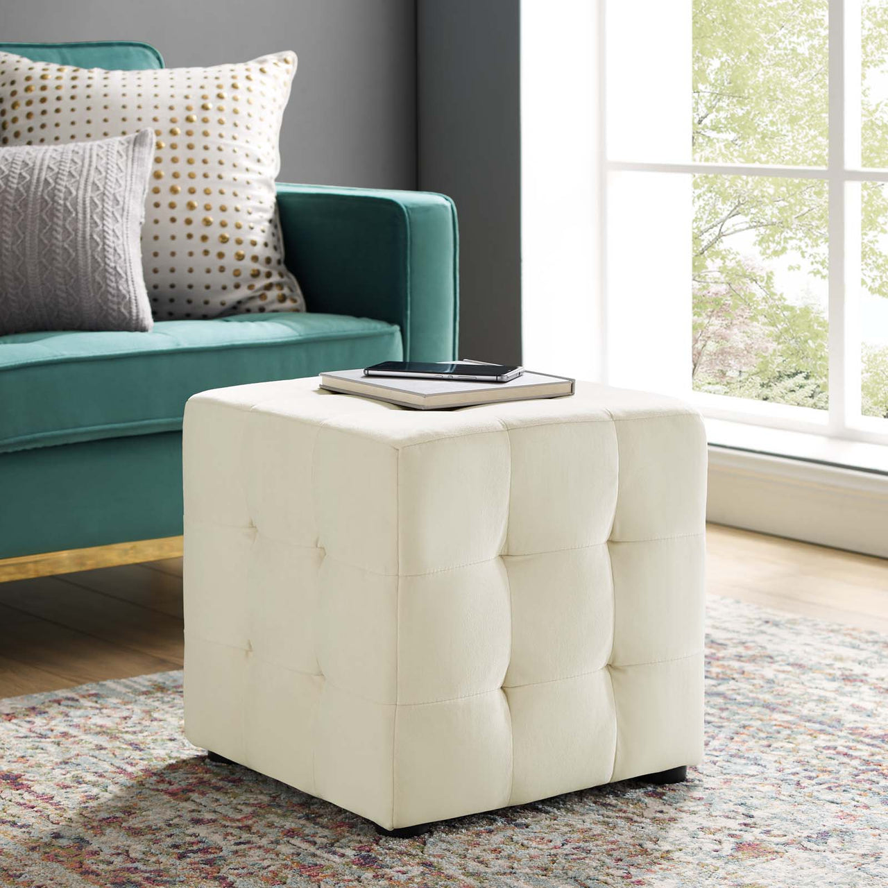 Vellan Cubed Upholstered Velvet Ottoman, Ivory