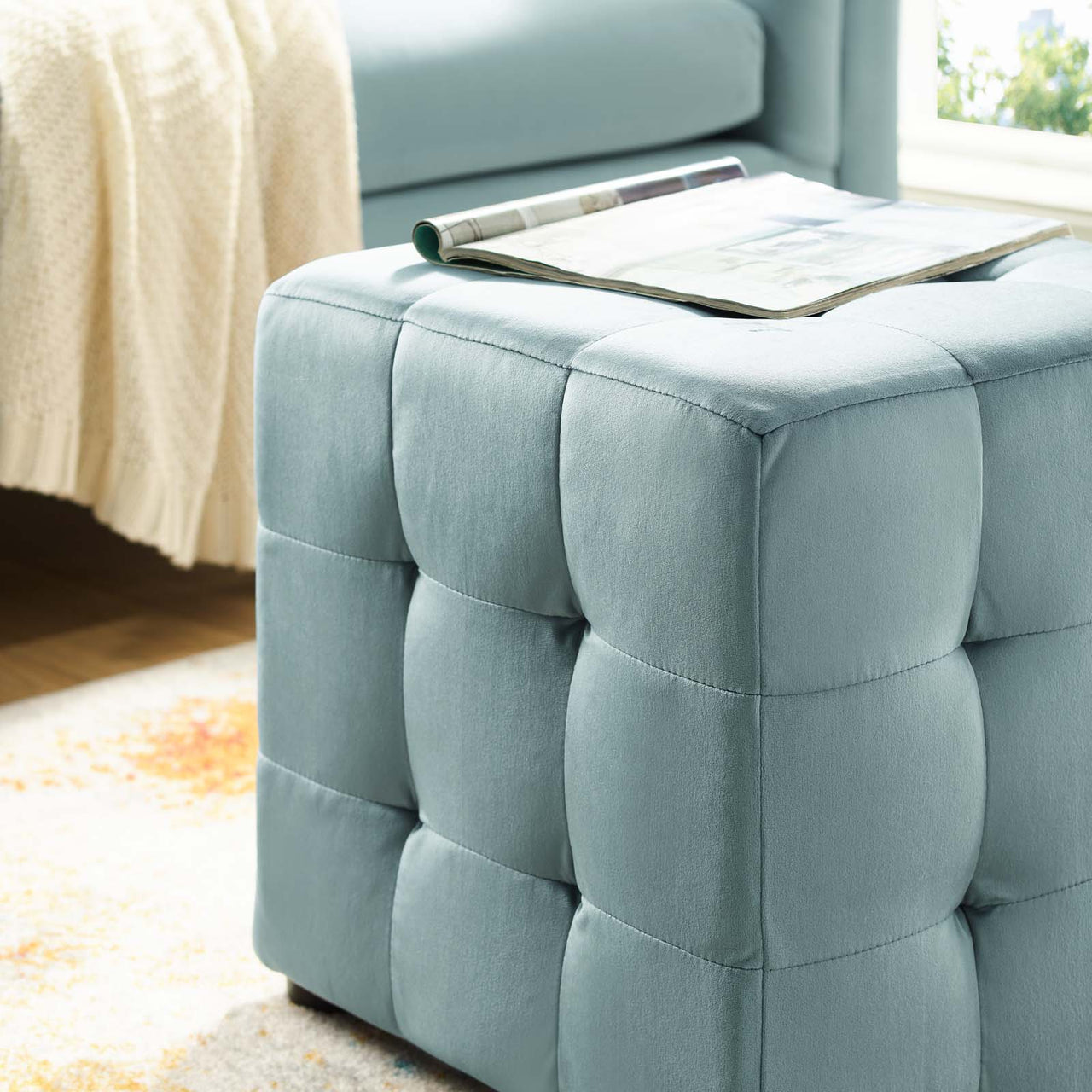 Vellan Cubed Upholstered Velvet Ottoman, Light Blue