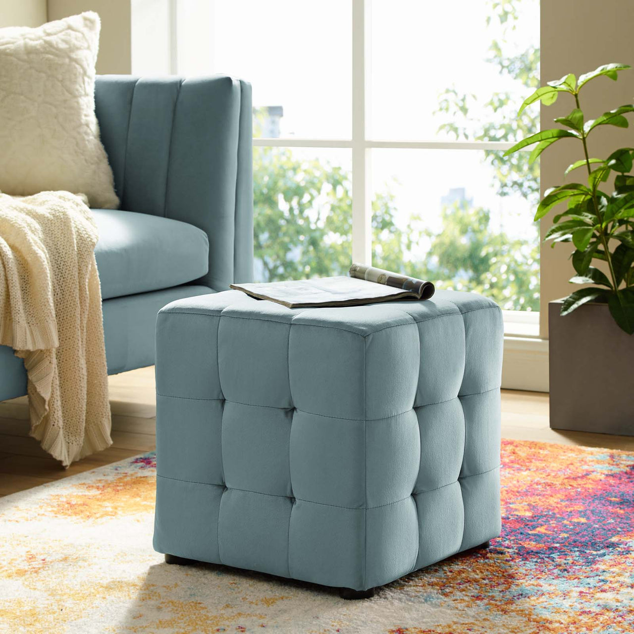 Vellan Cubed Upholstered Velvet Ottoman, Light Blue
