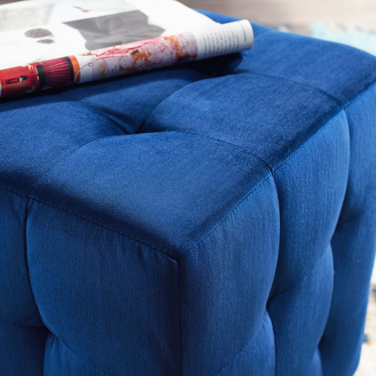 Vellan Cubed Upholstered Velvet Ottoman, Navy