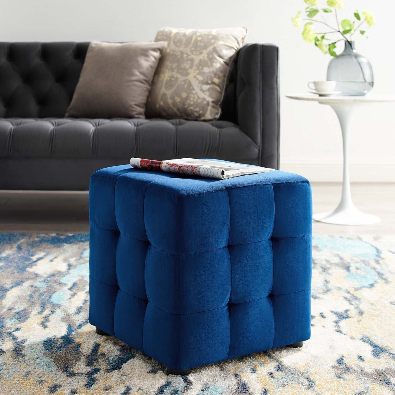Vellan Cubed Upholstered Velvet Ottoman, Navy