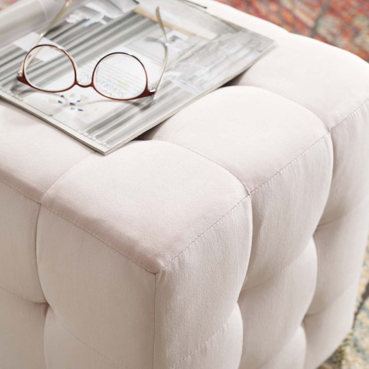 Vellan Cubed Upholstered Velvet Ottoman, Pink