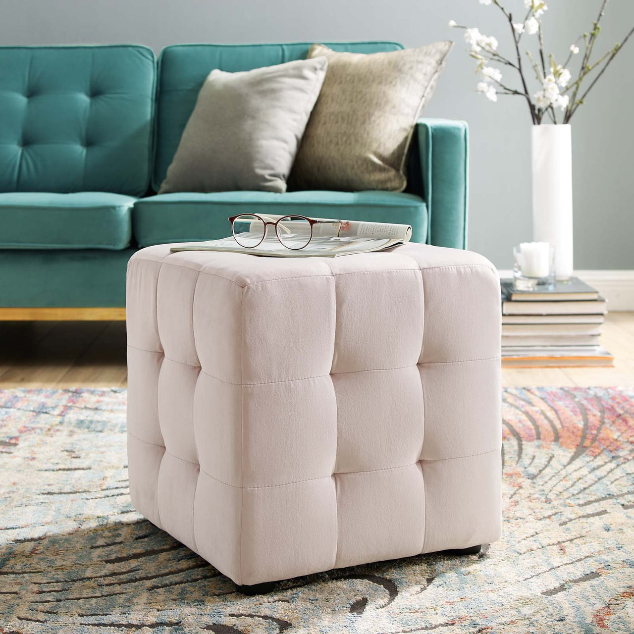 Vellan Cubed Upholstered Velvet Ottoman, Pink