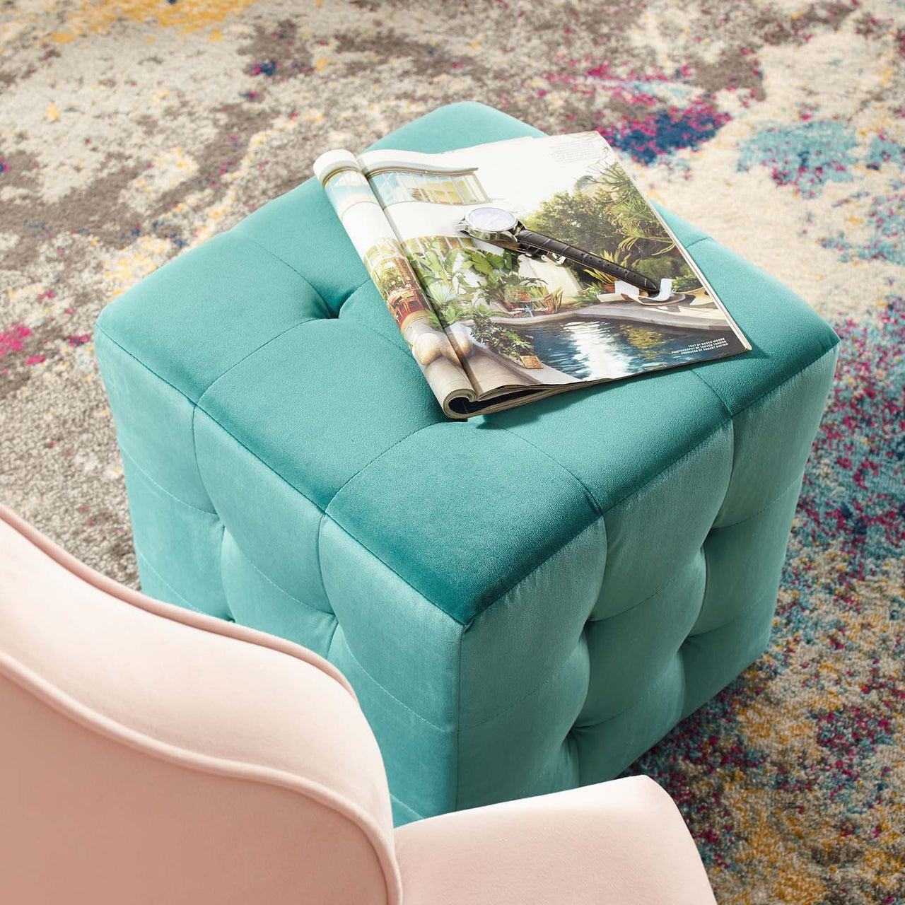 Vellan Cubed Upholstered Velvet Ottoman, Teal