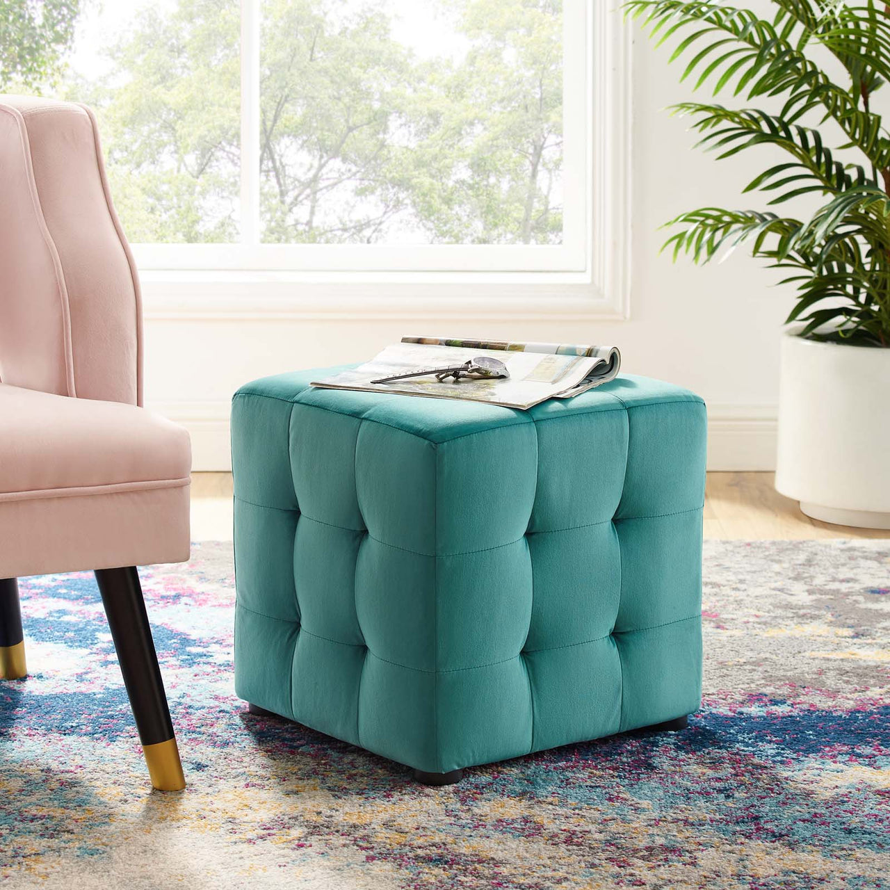 Vellan Cubed Upholstered Velvet Ottoman, Teal