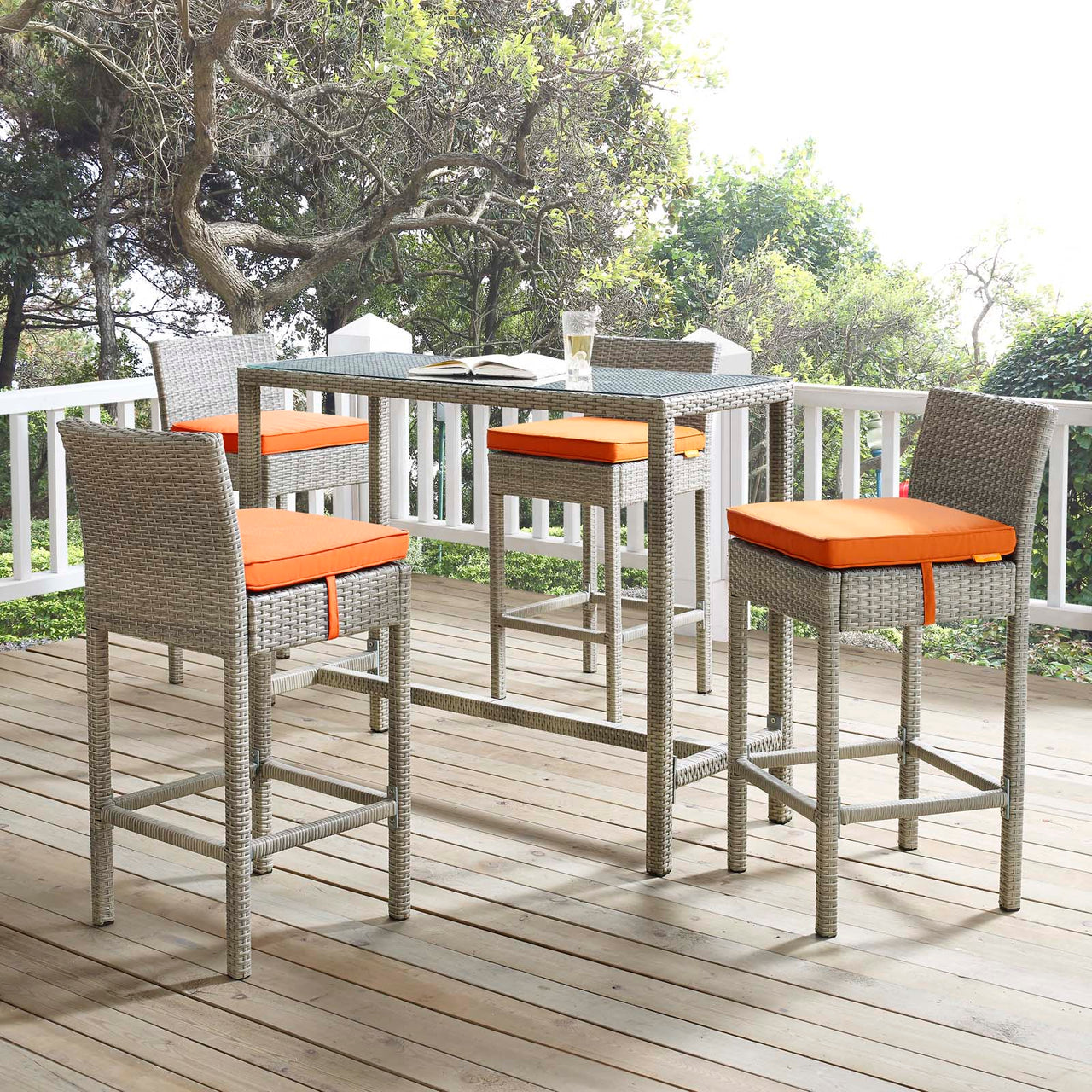 Condura Alfresco Woven Bar Stool Set of 2, Light Gray & Orange