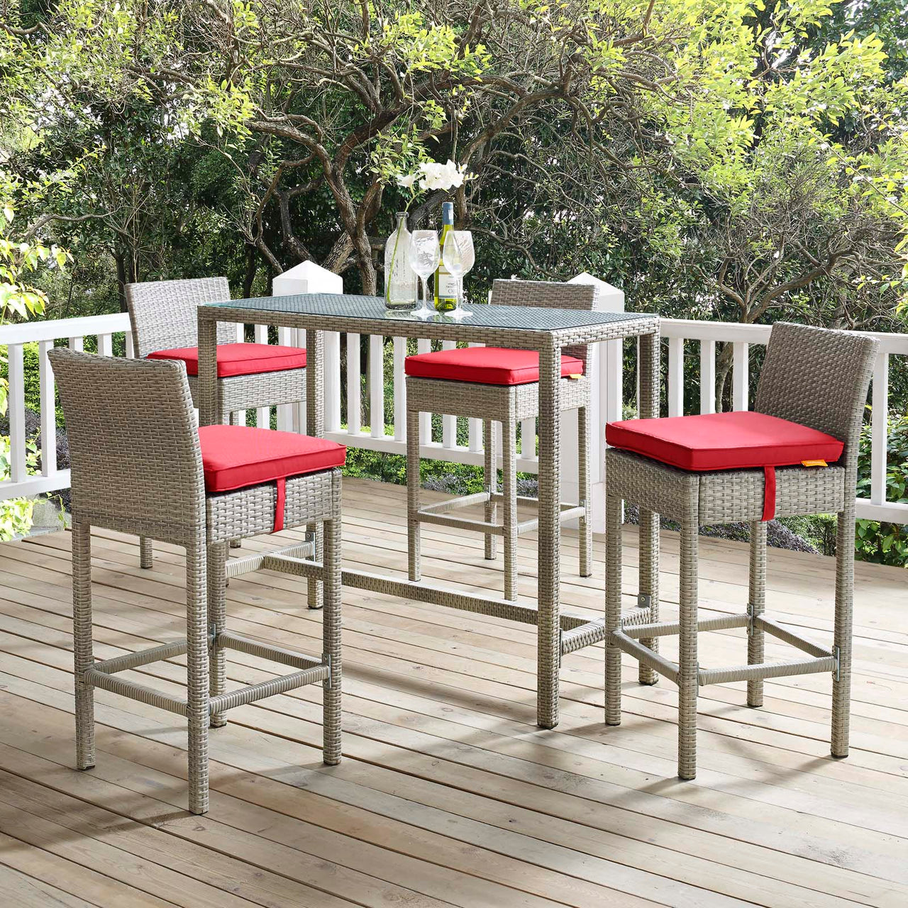 Condura Alfresco Woven Bar Stool Set of 2, Light Gray & Red