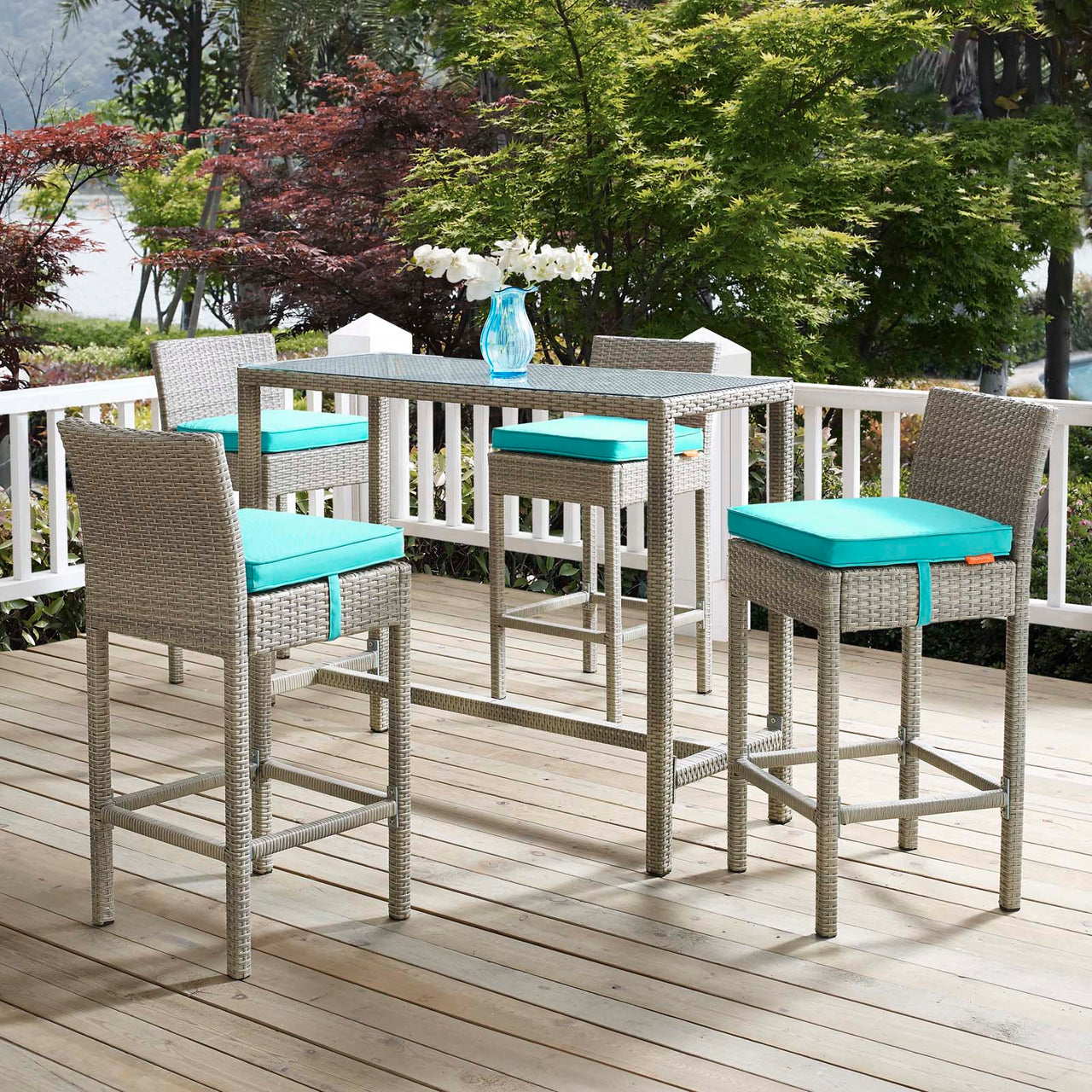 Condura Alfresco Woven Bar Stool Set of 2, Light Gray & Turquoise