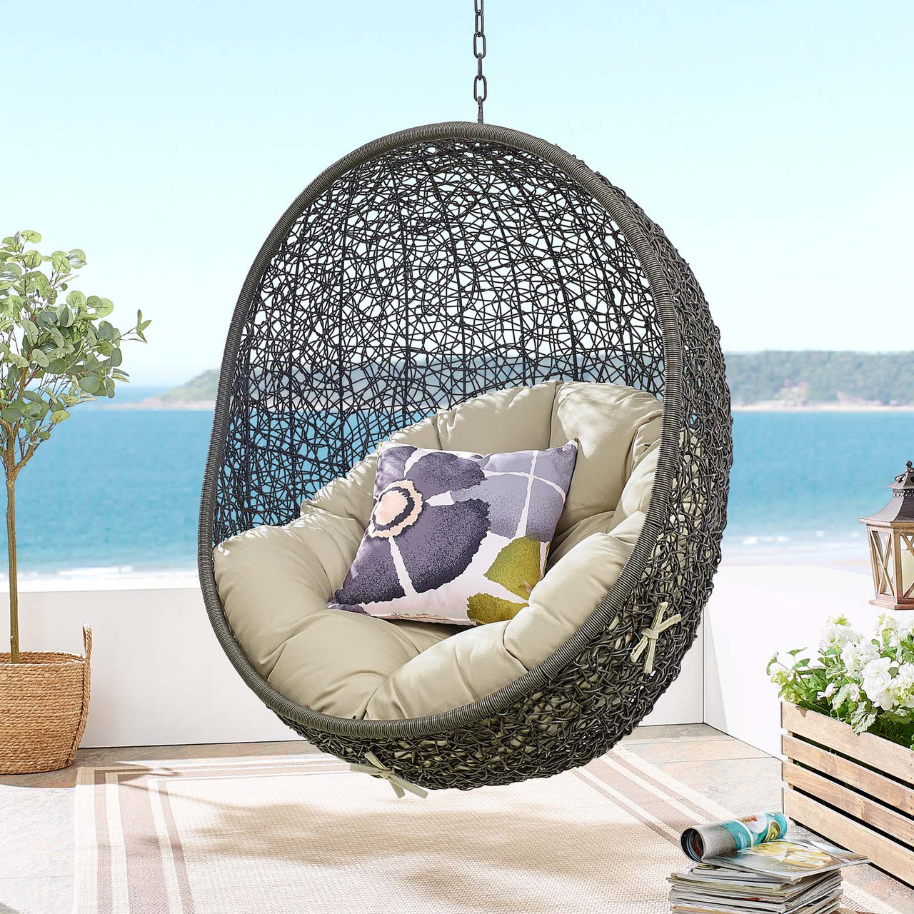 Shell Sunbrella® Fabric Alfresco Lounge Chair Swing w/o Stand, Gray & Beige