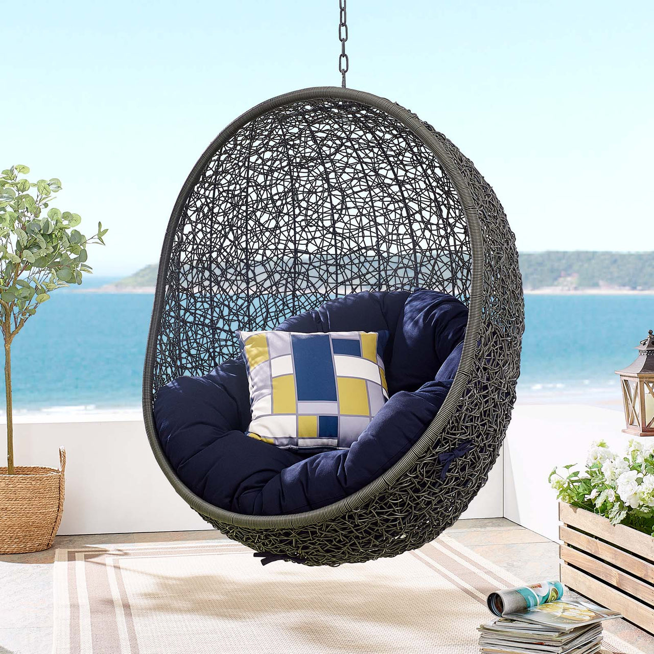 Shell Sunbrella® Fabric Alfresco Lounge Chair Swing w/o Stand, Gray & Navy