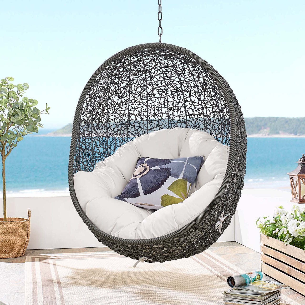 Shell Sunbrella® Fabric Alfresco Lounge Chair Swing w/o Stand, Gray & White