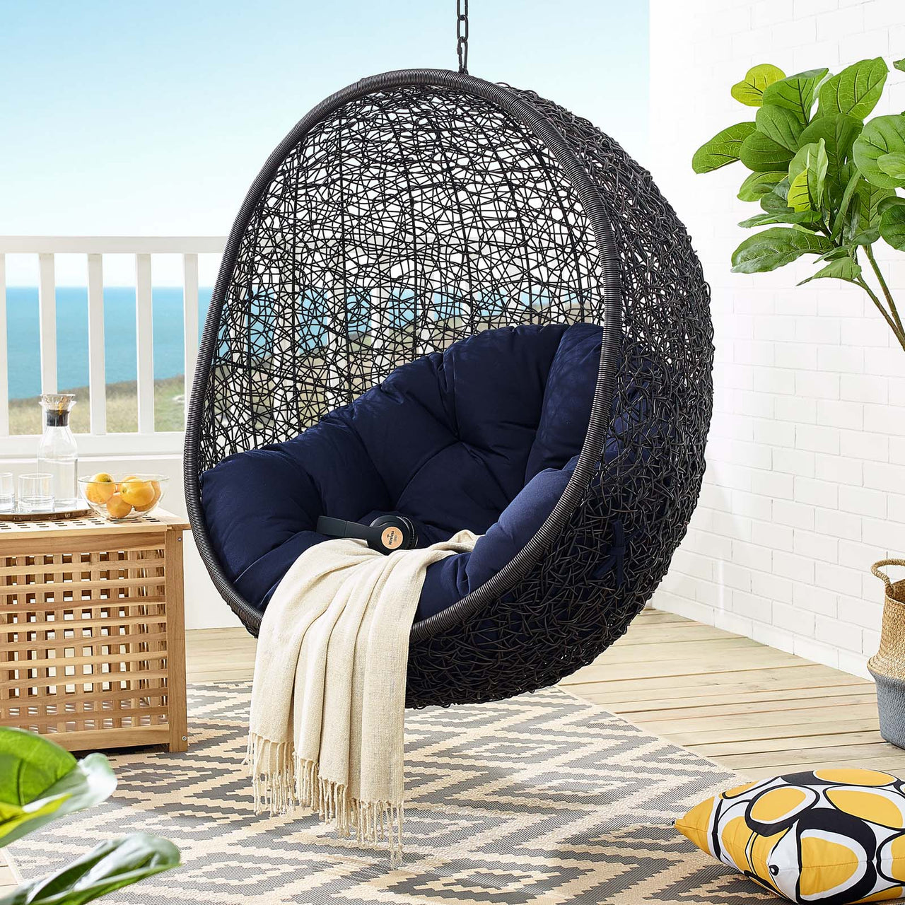 Chrysalis Luxe Sunbrella® Fabric Alfresco Lounge Chair Swing w/o Stand, Black & Navy