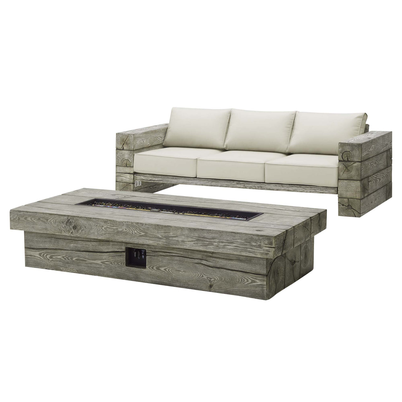 Stormwood Alfresco Upholstered Sunbrella® Fabric Sofa and Fire Pit Set, Light Gray & Beige