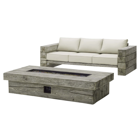 Stormwood Alfresco Upholstered Sunbrella® Fabric Sofa and Fire Pit Set, Light Gray & Beige