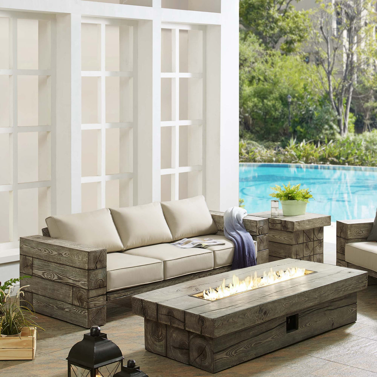 Stormwood Alfresco Upholstered Sunbrella® Fabric Sofa and Fire Pit Set, Light Gray & Beige