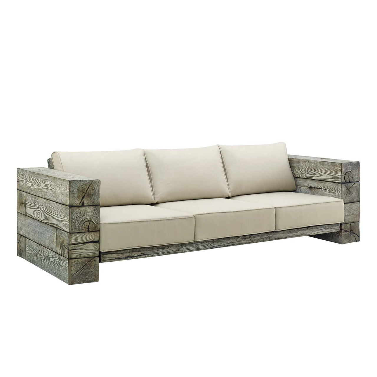 Stormwood Alfresco Upholstered Sunbrella® Fabric Sofa and Fire Pit Set, Light Gray & Beige