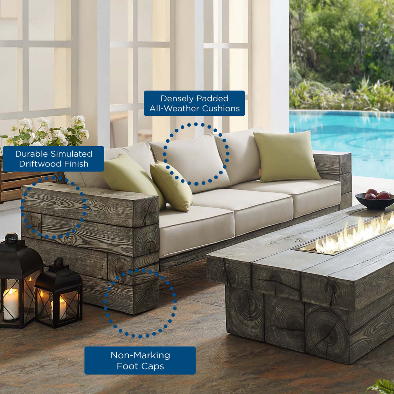 Stormwood Alfresco Upholstered Sunbrella® Fabric Sofa and Fire Pit Set, Light Gray & Beige
