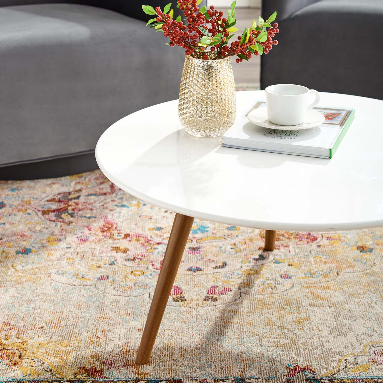 Ensemble Round Coffee Table with Tripod Base, Small, Walnut & White