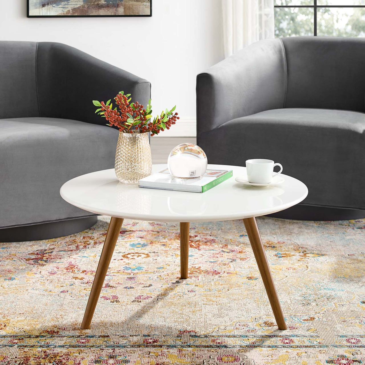 Ensemble Round Coffee Table with Tripod Base, Small, Walnut & White