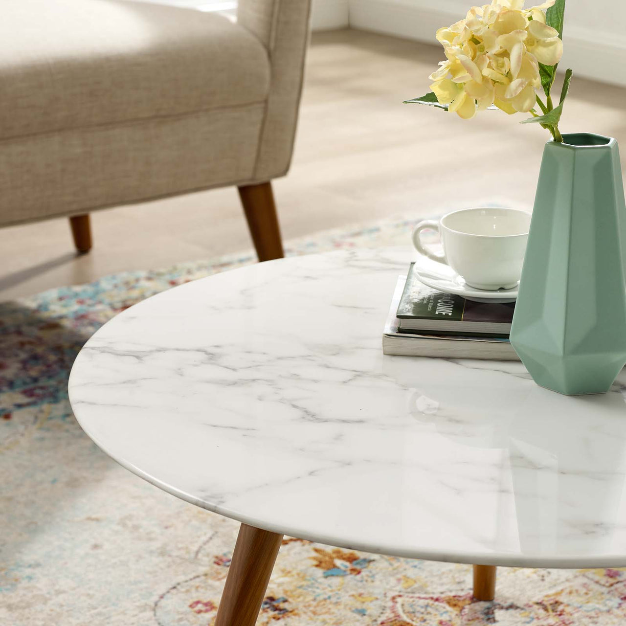 Ensemble Round Faux Marble Coffee Table with Tripod Base, Small, Walnut & White