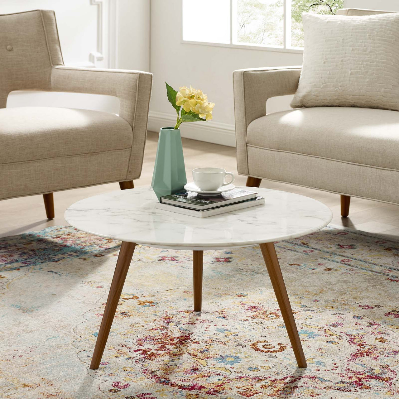 Ensemble Round Faux Marble Coffee Table with Tripod Base, Small, Walnut & White