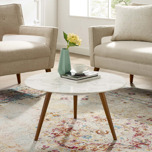 Ensemble Round Faux Marble Coffee Table with Tripod Base, Small, Walnut & White