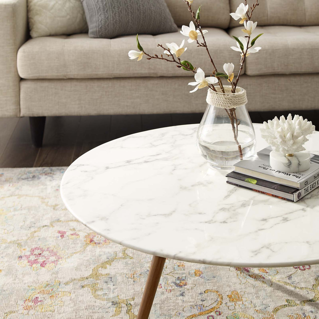 Ensemble Round Faux Marble Coffee Table with Tripod Base, Medium, Walnut & White