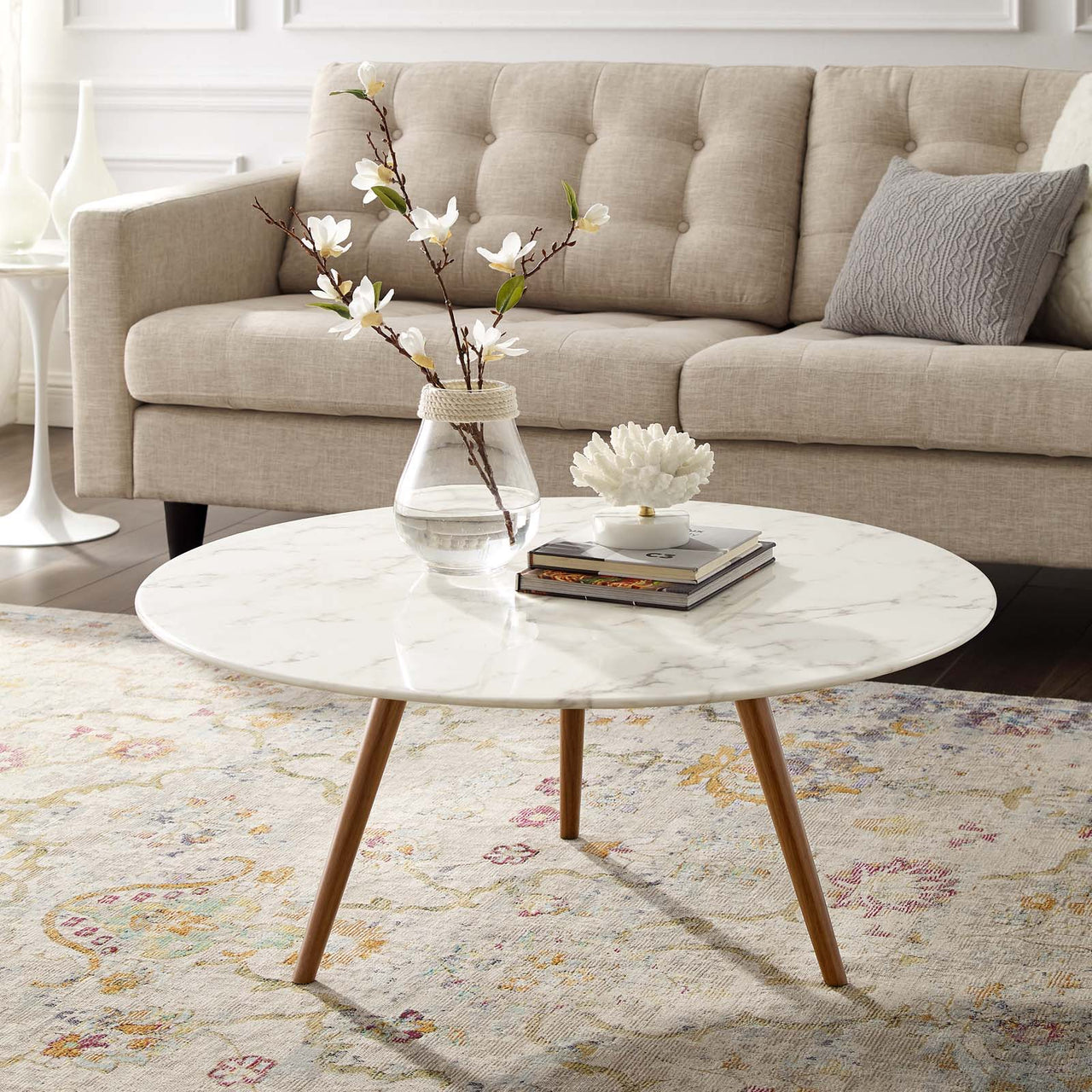 Ensemble Round Faux Marble Coffee Table with Tripod Base, Medium, Walnut & White
