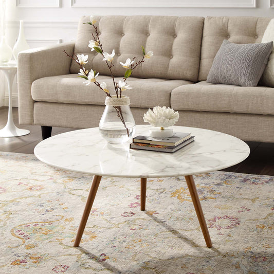 Ensemble Round Faux Marble Coffee Table with Tripod Base, Medium, Walnut & White