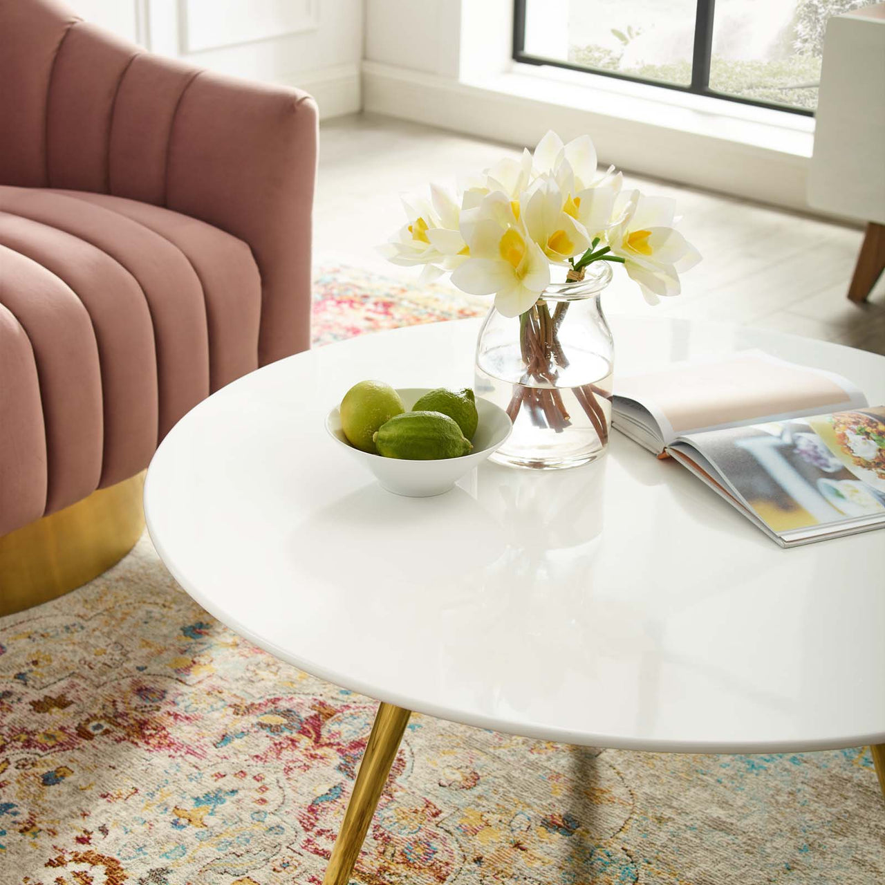 Ensemble Round Coffee Table with Tripod Base, Medium, Gold & White