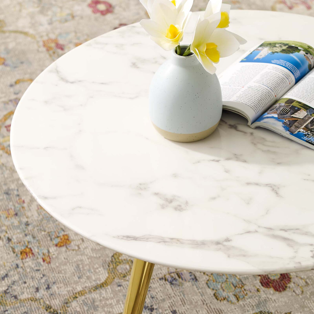 Ensemble Round Faux Marble Coffee Table with Tripod Base, Small, Gold & White