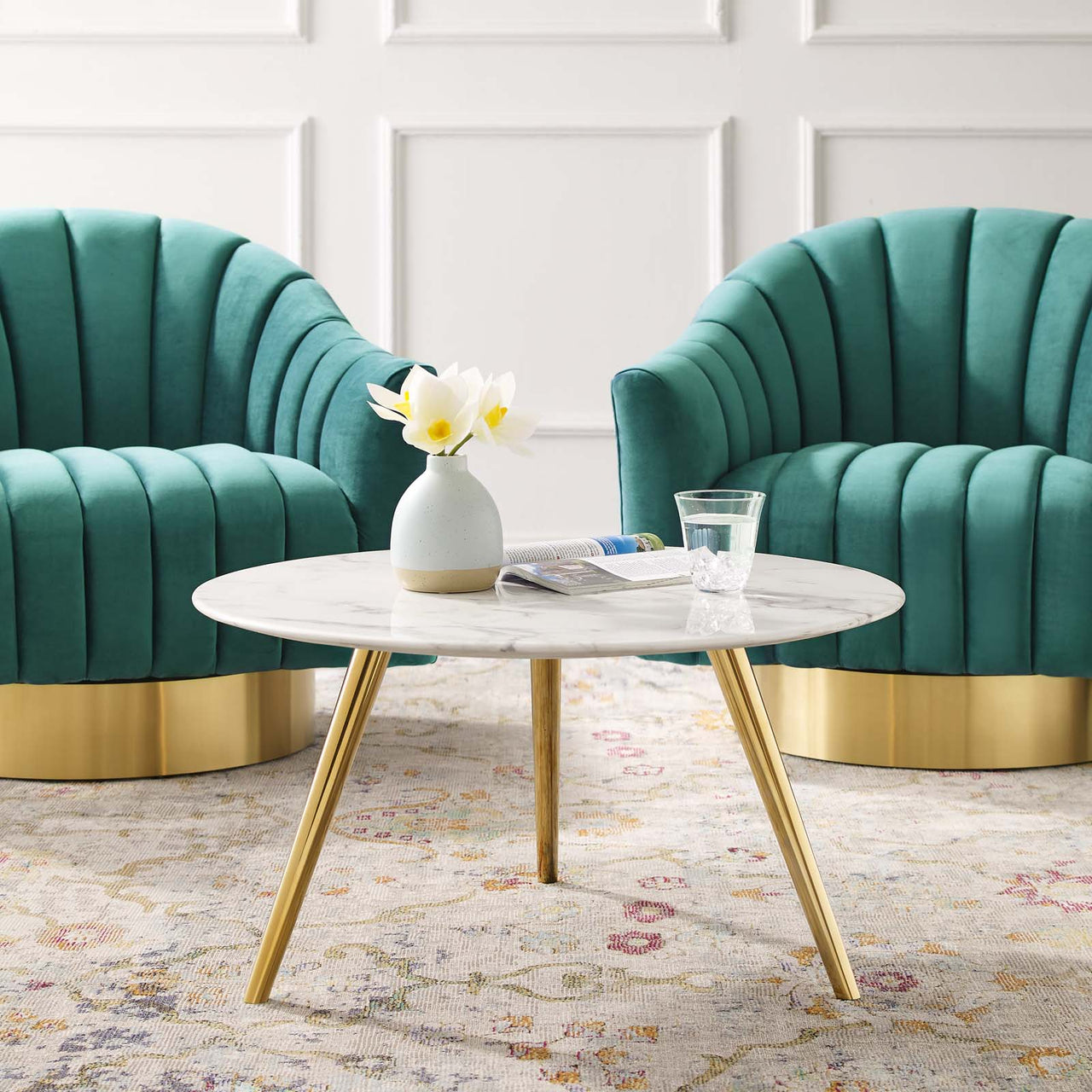 Ensemble Round Faux Marble Coffee Table with Tripod Base, Small, Gold & White