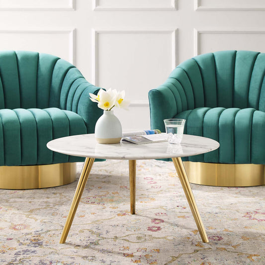 Ensemble Round Faux Marble Coffee Table with Tripod Base, Small, Gold & White