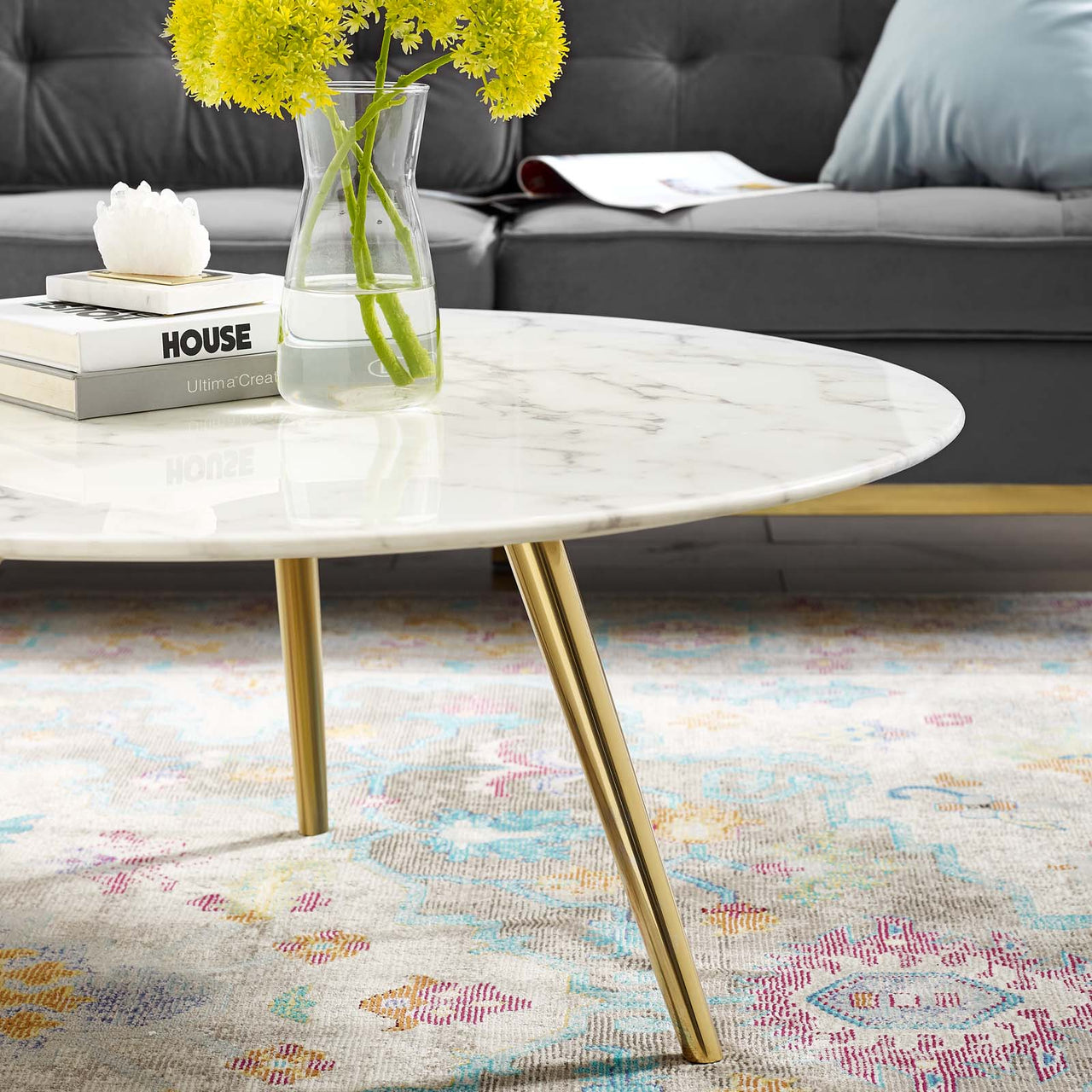 Ensemble Round Faux Marble Coffee Table with Tripod Base, Medium, Gold & White