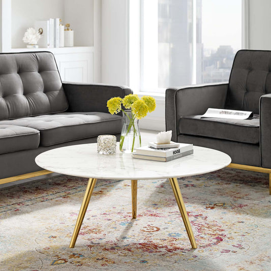 Ensemble Round Faux Marble Coffee Table with Tripod Base, Medium, Gold & White