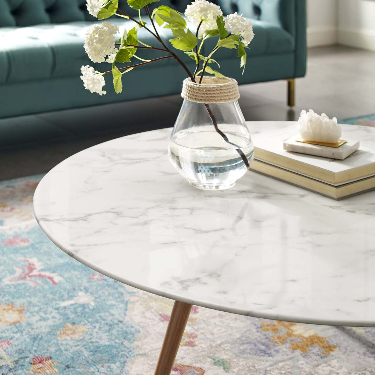 Ensemble Round Faux Marble Coffee Table with Tripod Base, Large, Walnut & White