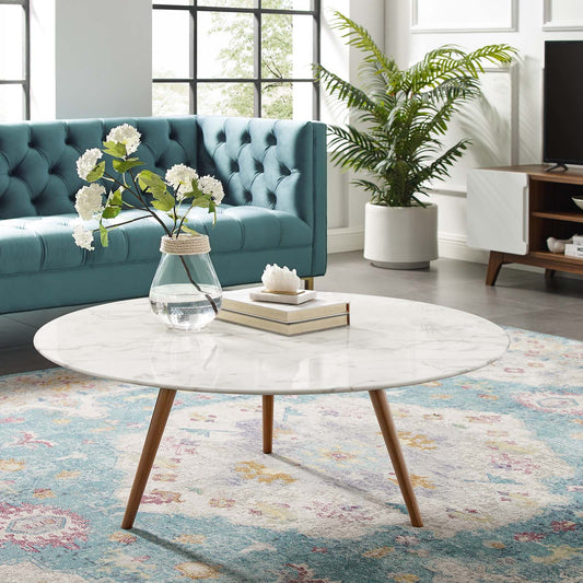 Ensemble Round Faux Marble Coffee Table with Tripod Base, Large, Walnut & White