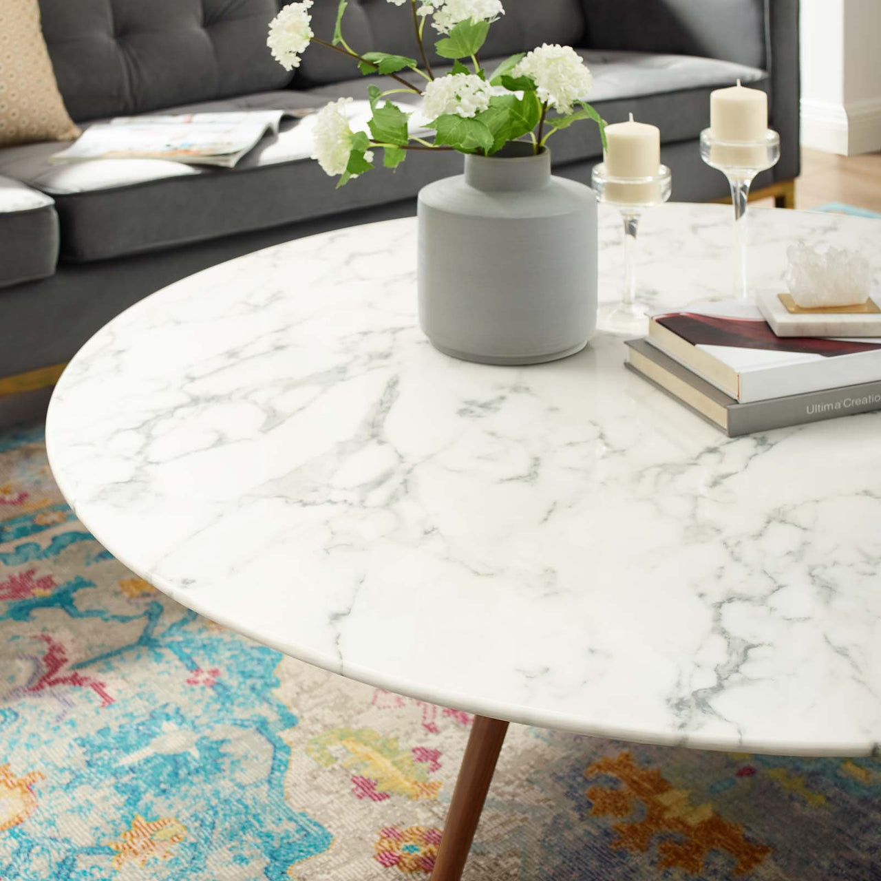 Ensemble Round Faux Marble Coffee Table with Tripod Base, Extra Large, Walnut & White