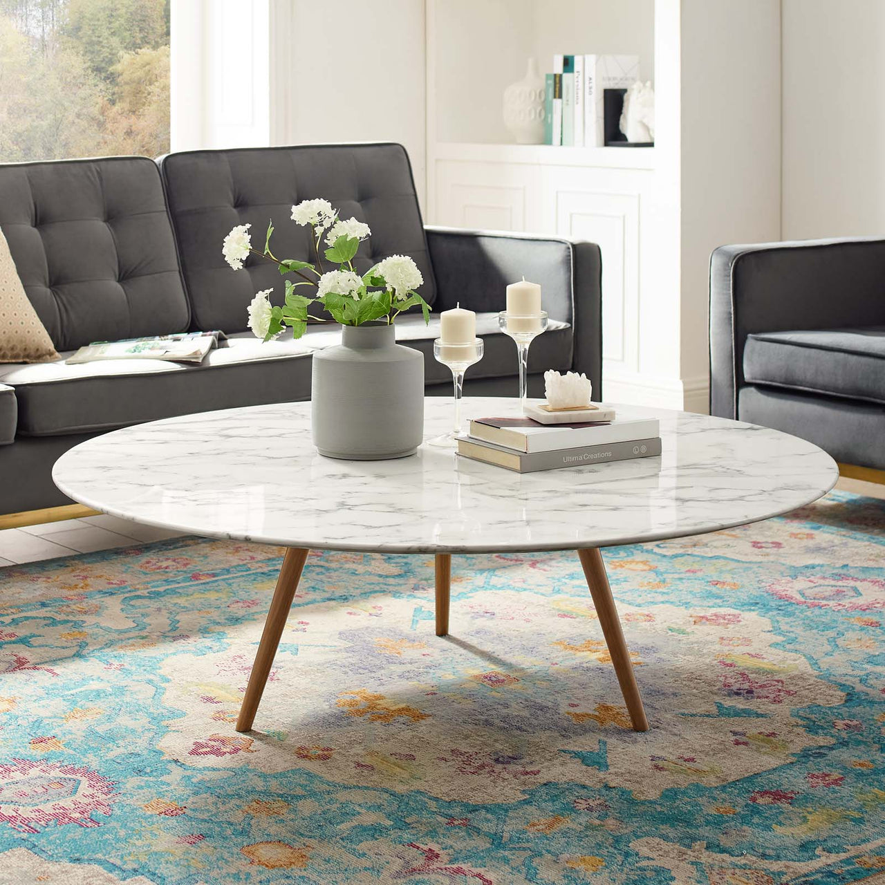 Ensemble Round Faux Marble Coffee Table with Tripod Base, Extra Large, Walnut & White