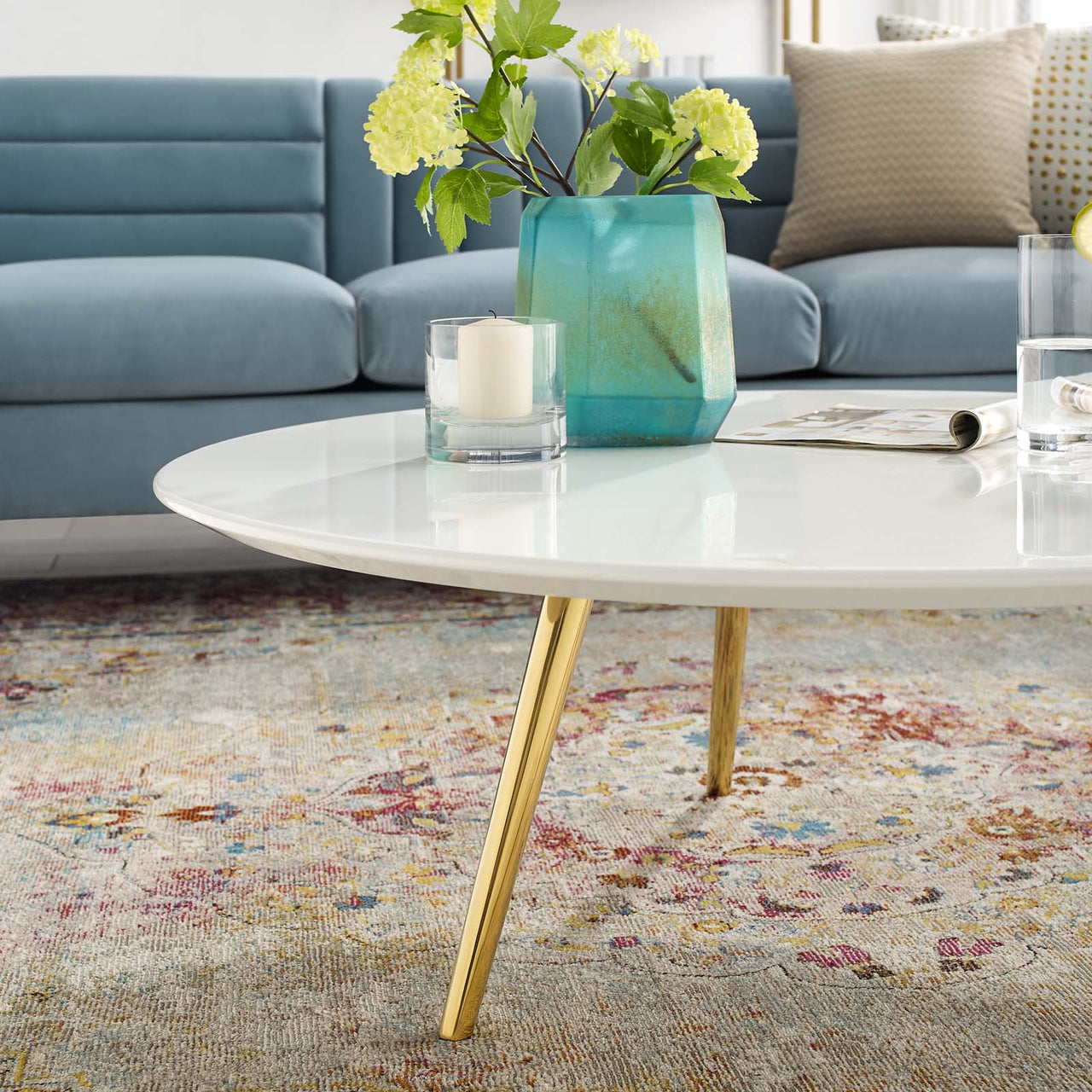 Ensemble Round Coffee Table with Tripod Base, Large, Gold & White