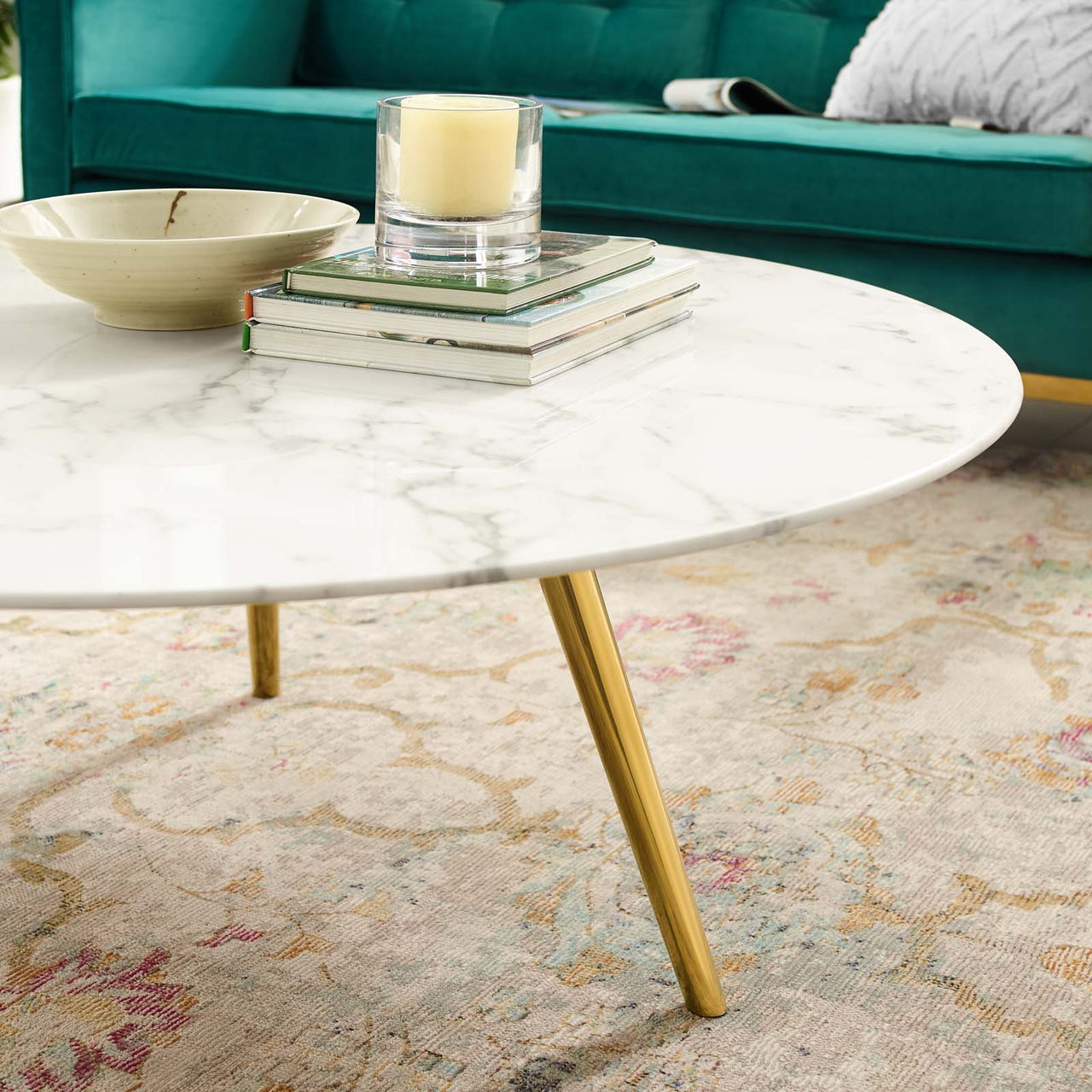 Ensemble Round Faux Marble Coffee Table with Tripod Base, Large, Gold & White