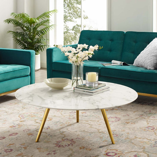 Ensemble Round Faux Marble Coffee Table with Tripod Base, Large, Gold & White