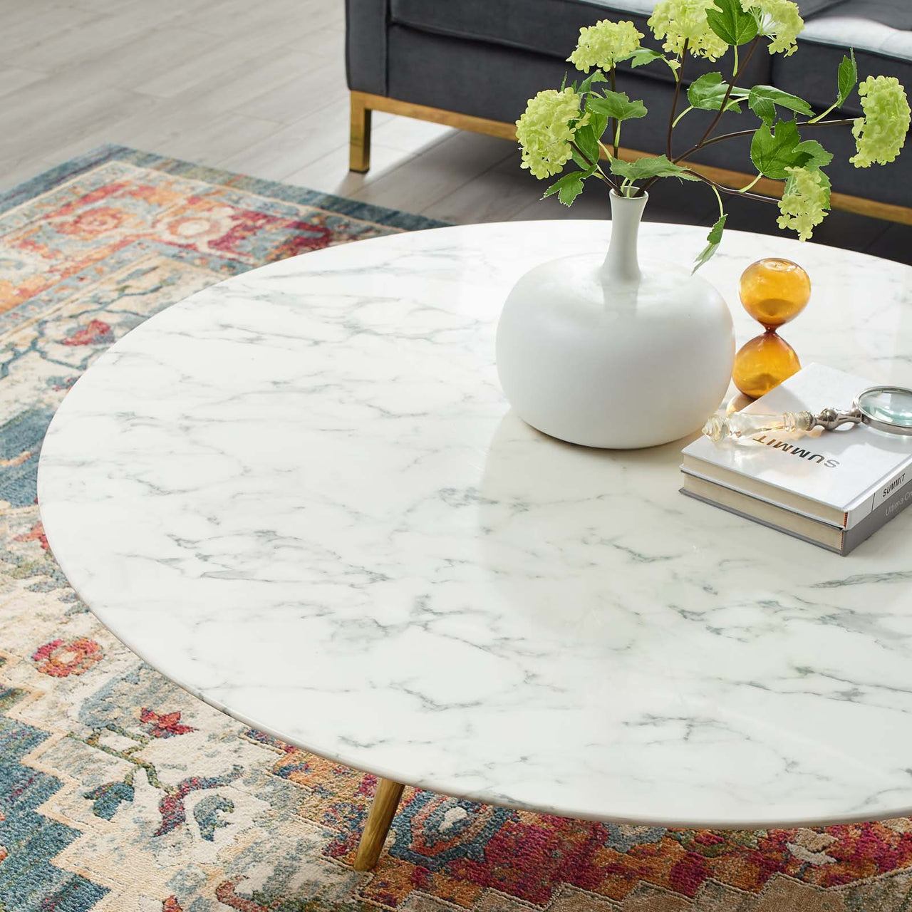 Ensemble Round Faux Marble Coffee Table with Tripod Base, Extra Large, Gold & White