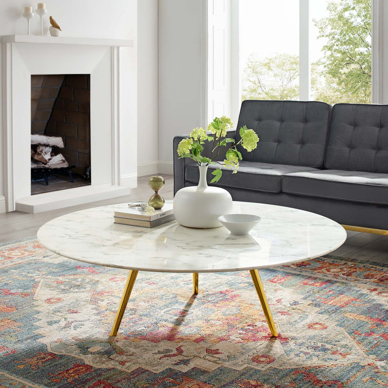 Ensemble Round Faux Marble Coffee Table with Tripod Base, Extra Large, Gold & White