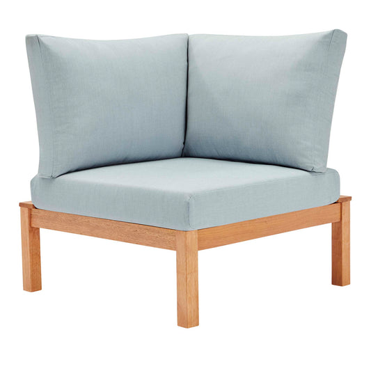 Bravari Karri Wood Alfresco Corner Chair | Outdoor Modular Sectional Component, Natural Wood & Light Blue