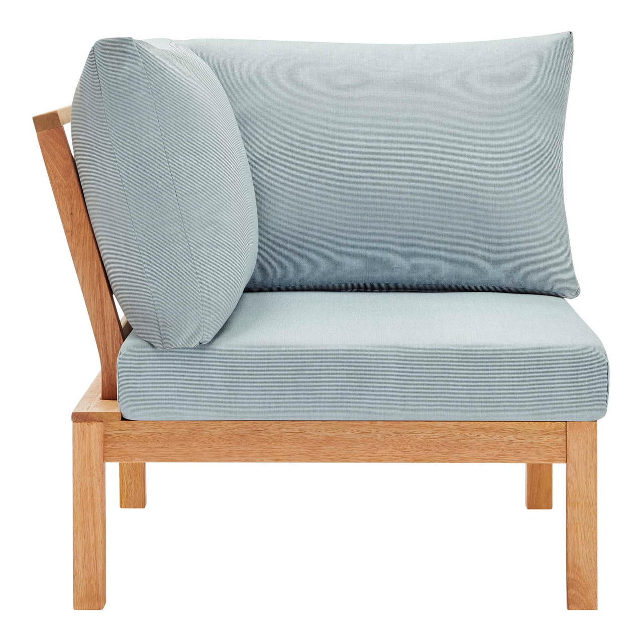 Bravari Karri Wood Alfresco Corner Chair | Outdoor Modular Sectional Component, Natural Wood & Light Blue