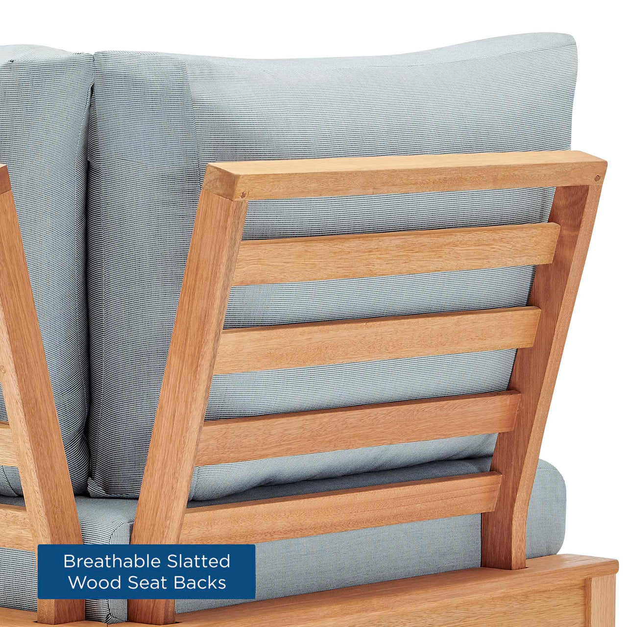 Bravari Karri Wood Alfresco Corner Chair | Outdoor Modular Sectional Component, Natural Wood & Light Blue