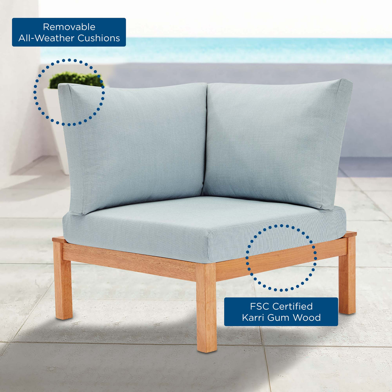 Bravari Karri Wood Alfresco Corner Chair | Outdoor Modular Sectional Component, Natural Wood & Light Blue